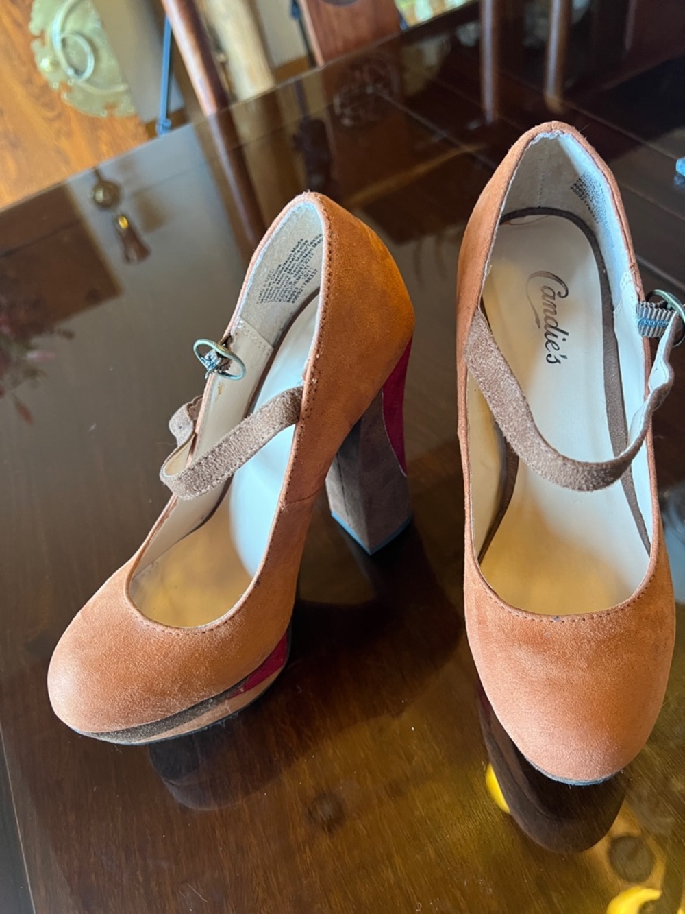 Candie's Orange Suede Mary Jane Heels with Pink Heel Accent